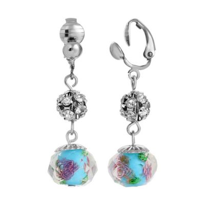 1928 Jewelry Silver Tone Aqua and Pink Flower Bead with Crystals Clip Earrings