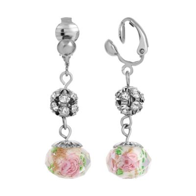 1928 Jewelry Silver Tone Aqua and Pink Flower Bead with Crystals Clip Earrings