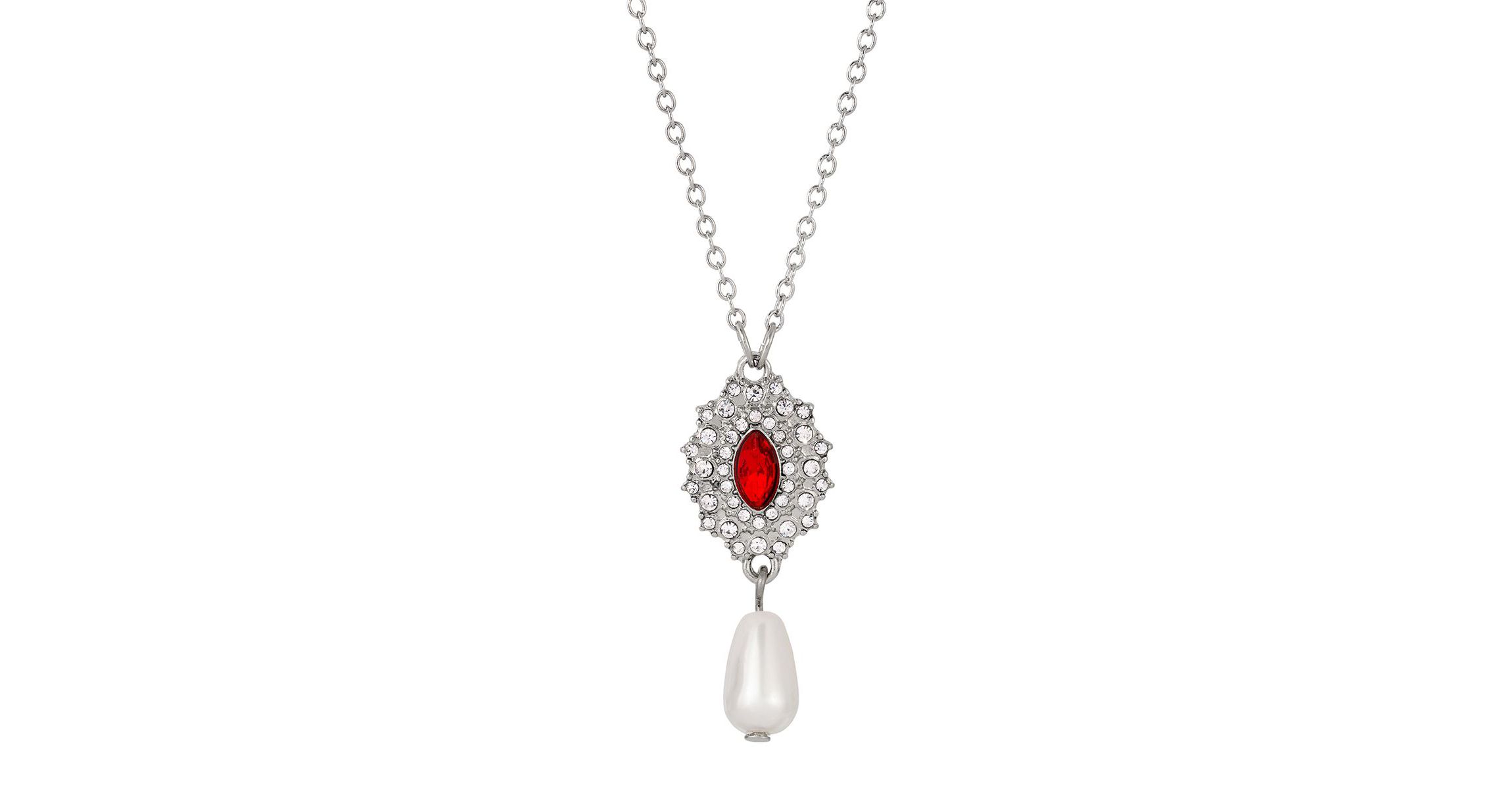 Silver Tone Colored Stone Pearl Necklace