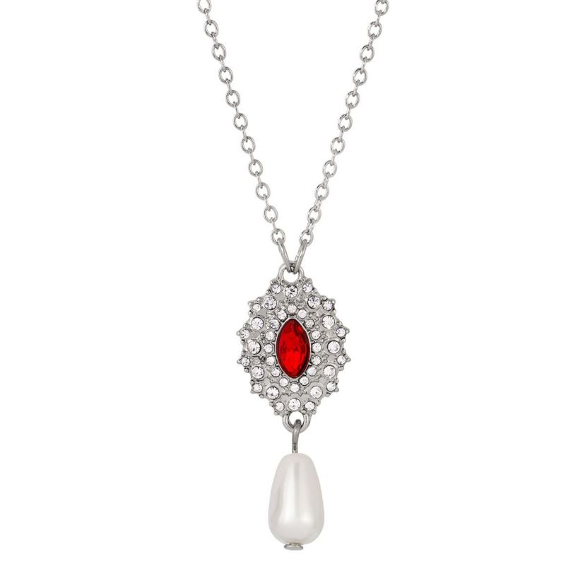 Silver Tone Colored Stone Pearl Necklace