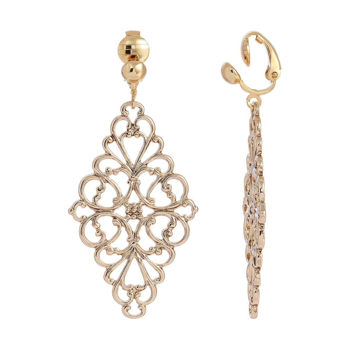 Filigree Diamond Shape Clip Earrings