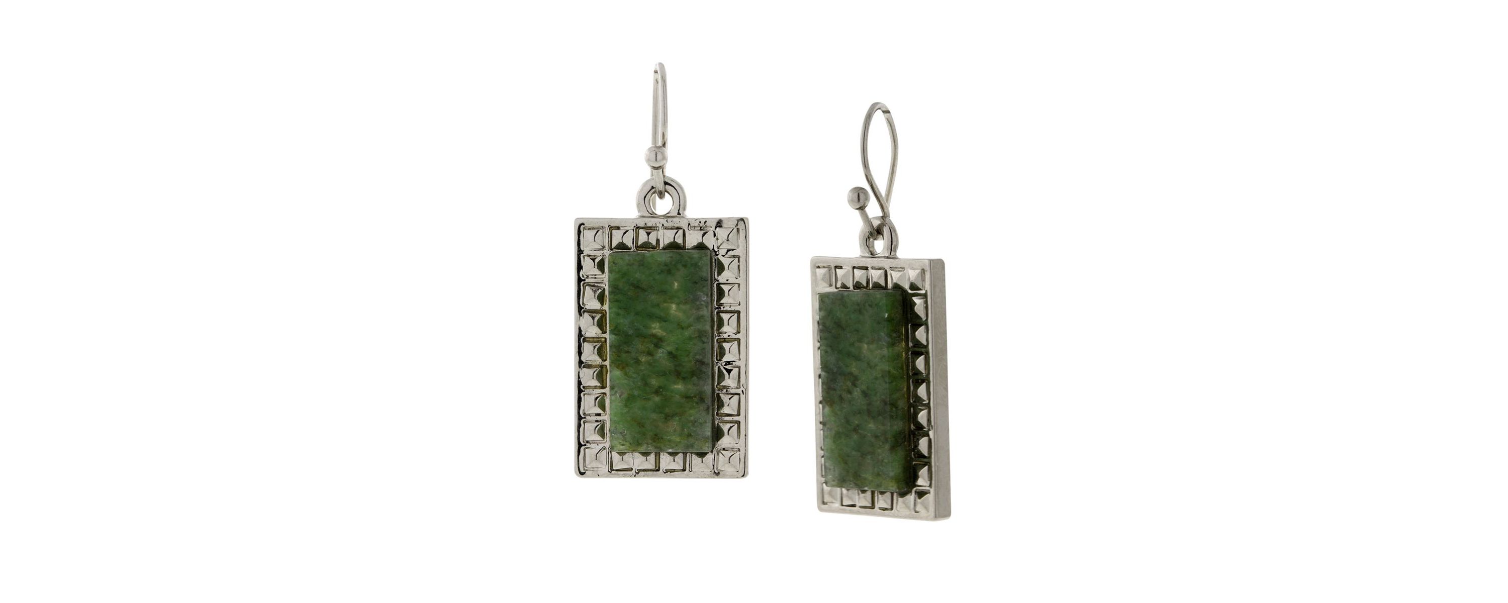 Silver Tone Rectange Jade Semi Precious Drop Earrings