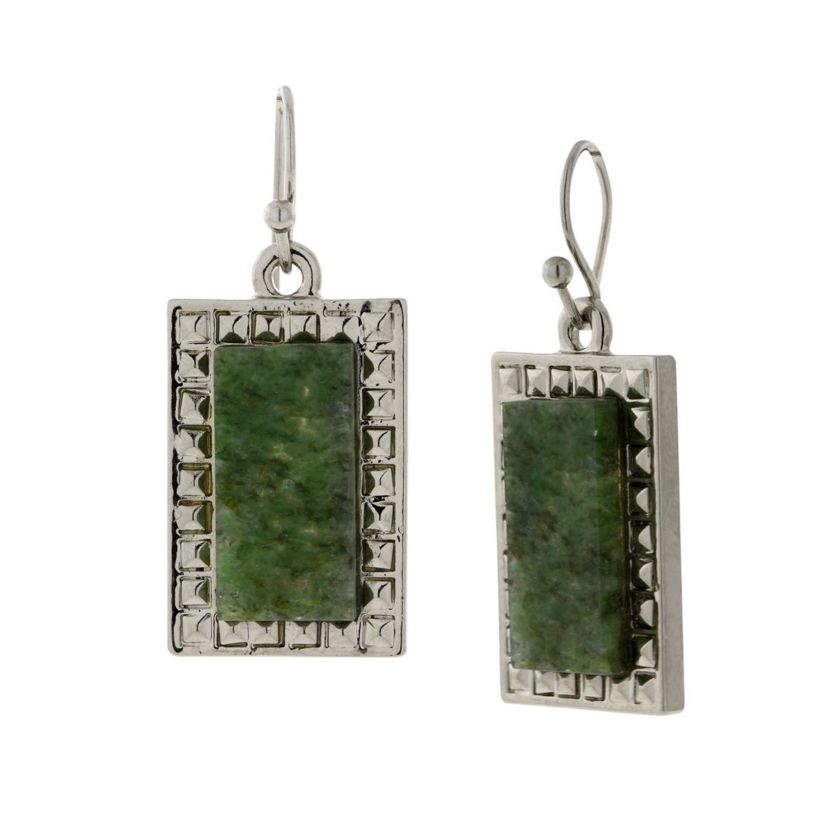 Silver Tone Rectange Jade Semi Precious Drop Earrings