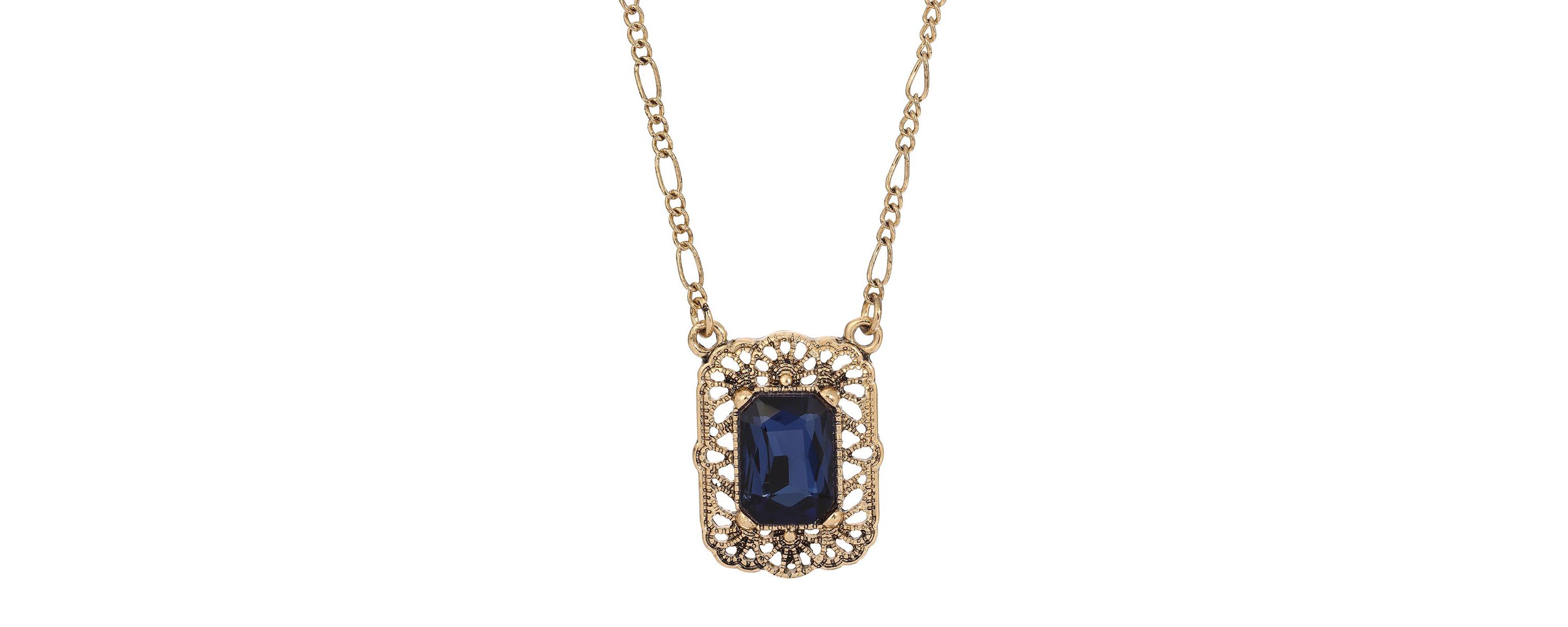 Gold Tone And Crystal Square Pendant Necklace 16"+3" ADJ