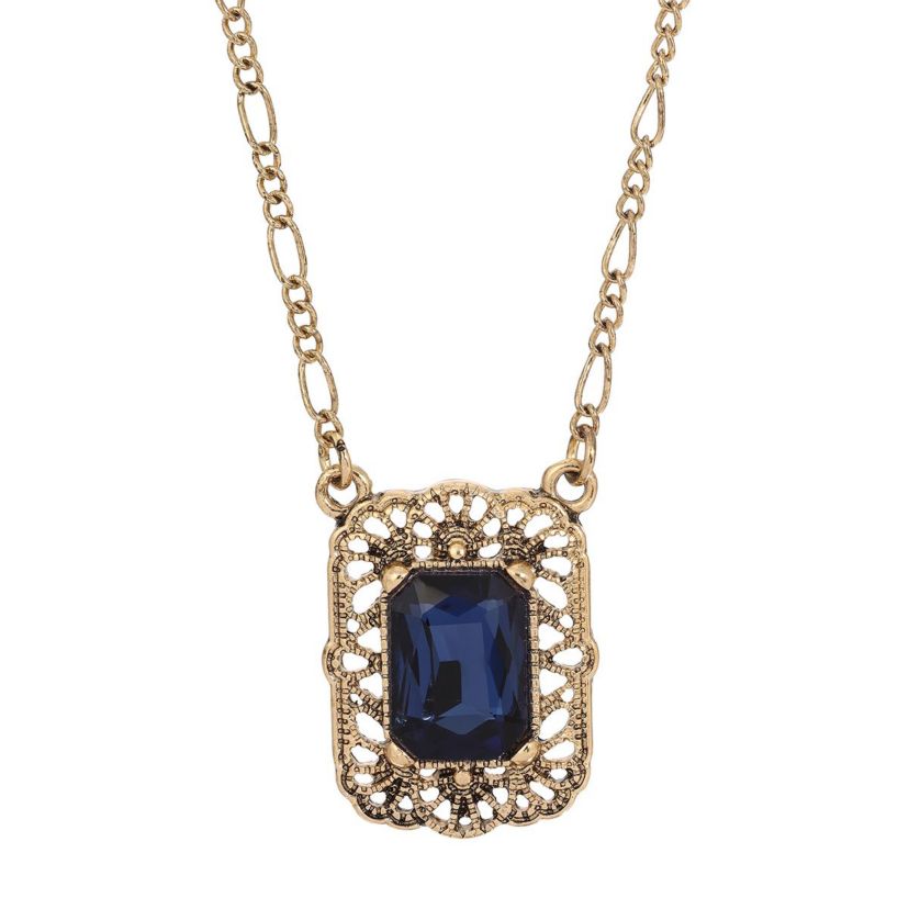Gold Tone And Crystal Square Pendant Necklace 16"+3" ADJ