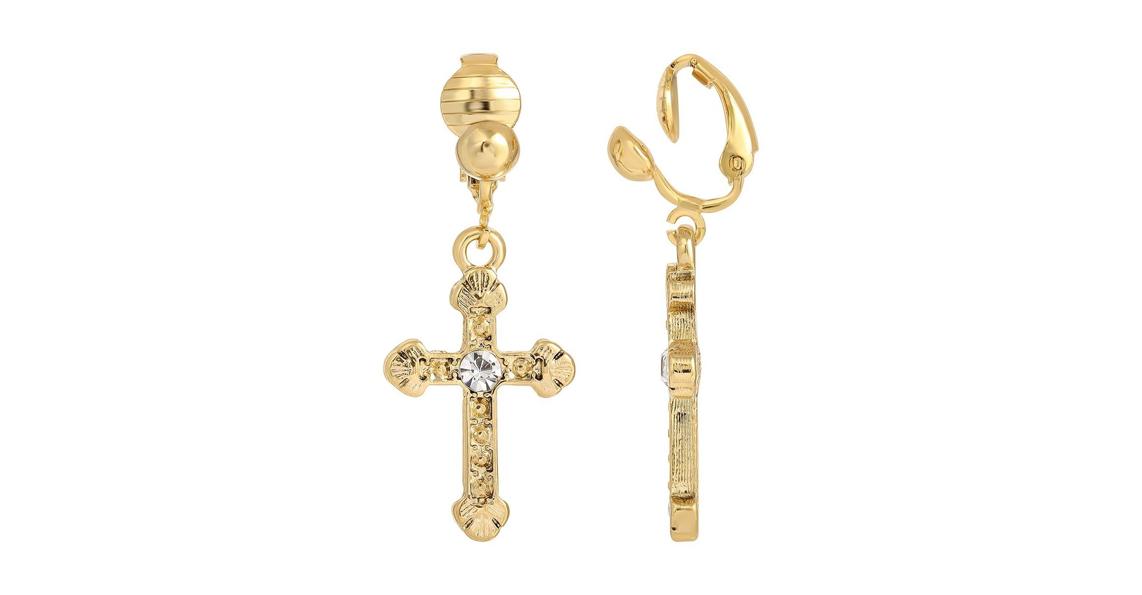 Silver Tone Crystal Accent Cross Clip Earrings