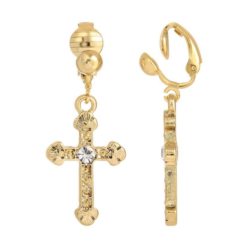 Silver Tone Crystal Accent Cross Clip Earrings