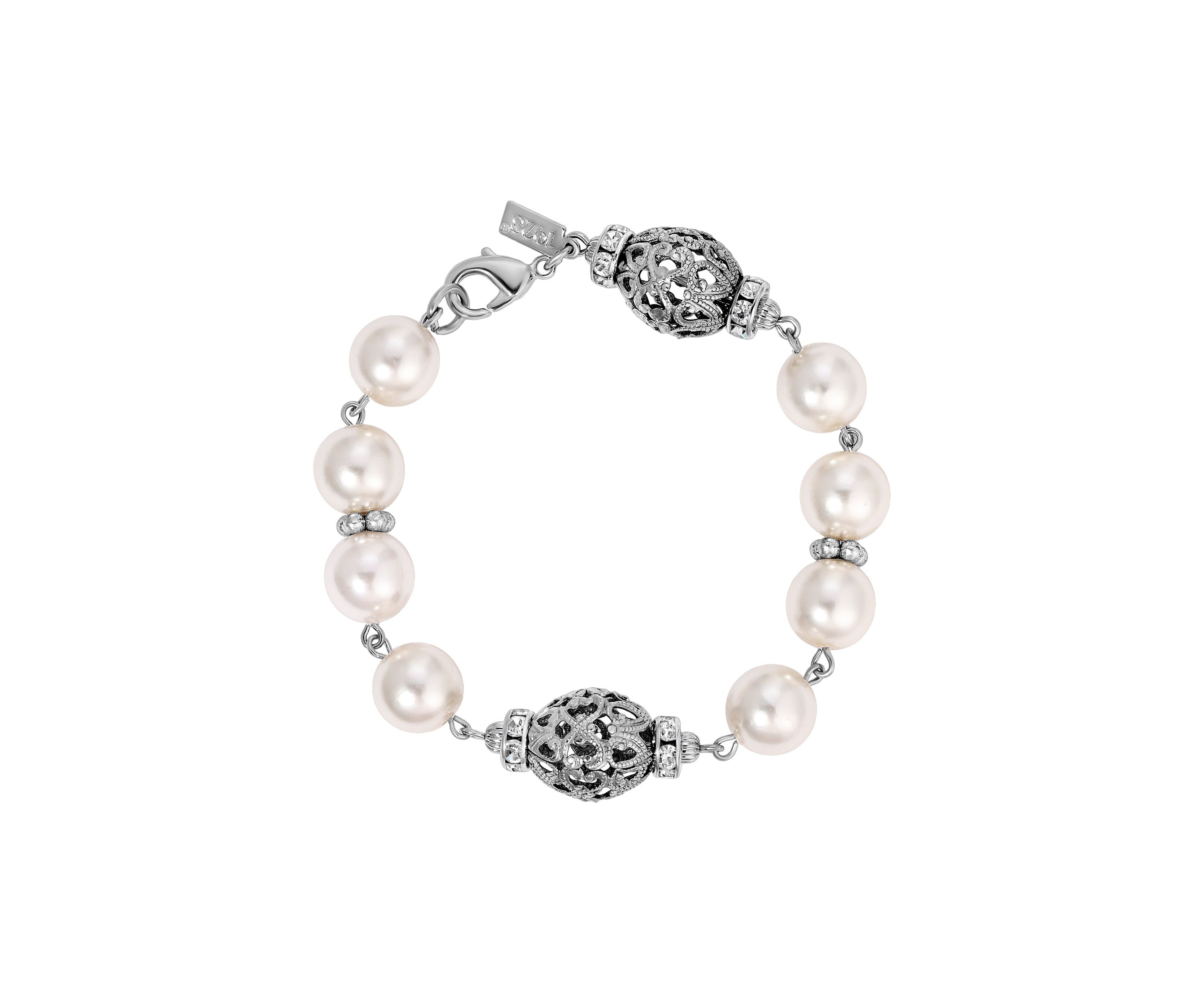 Silver-tone Faux Pearl Filigree Bead Bracelet