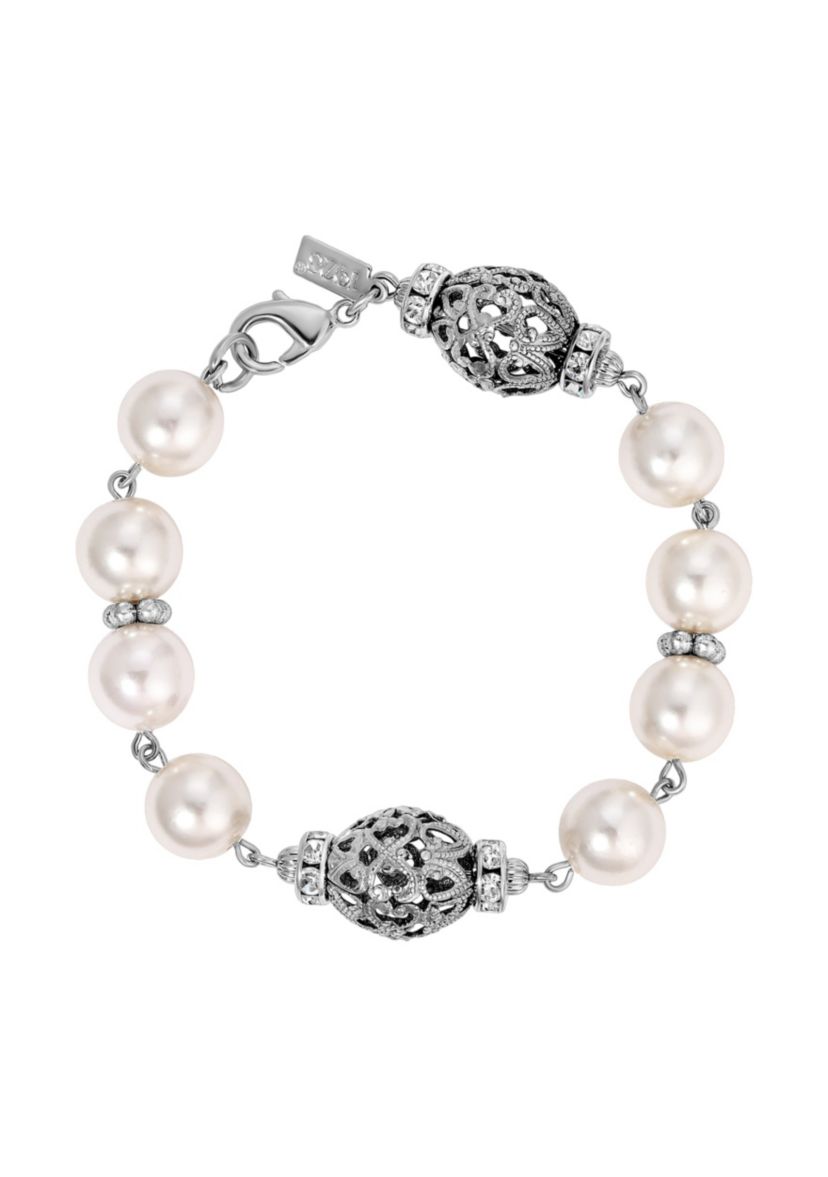 Silver-tone Faux Pearl Filigree Bead Bracelet