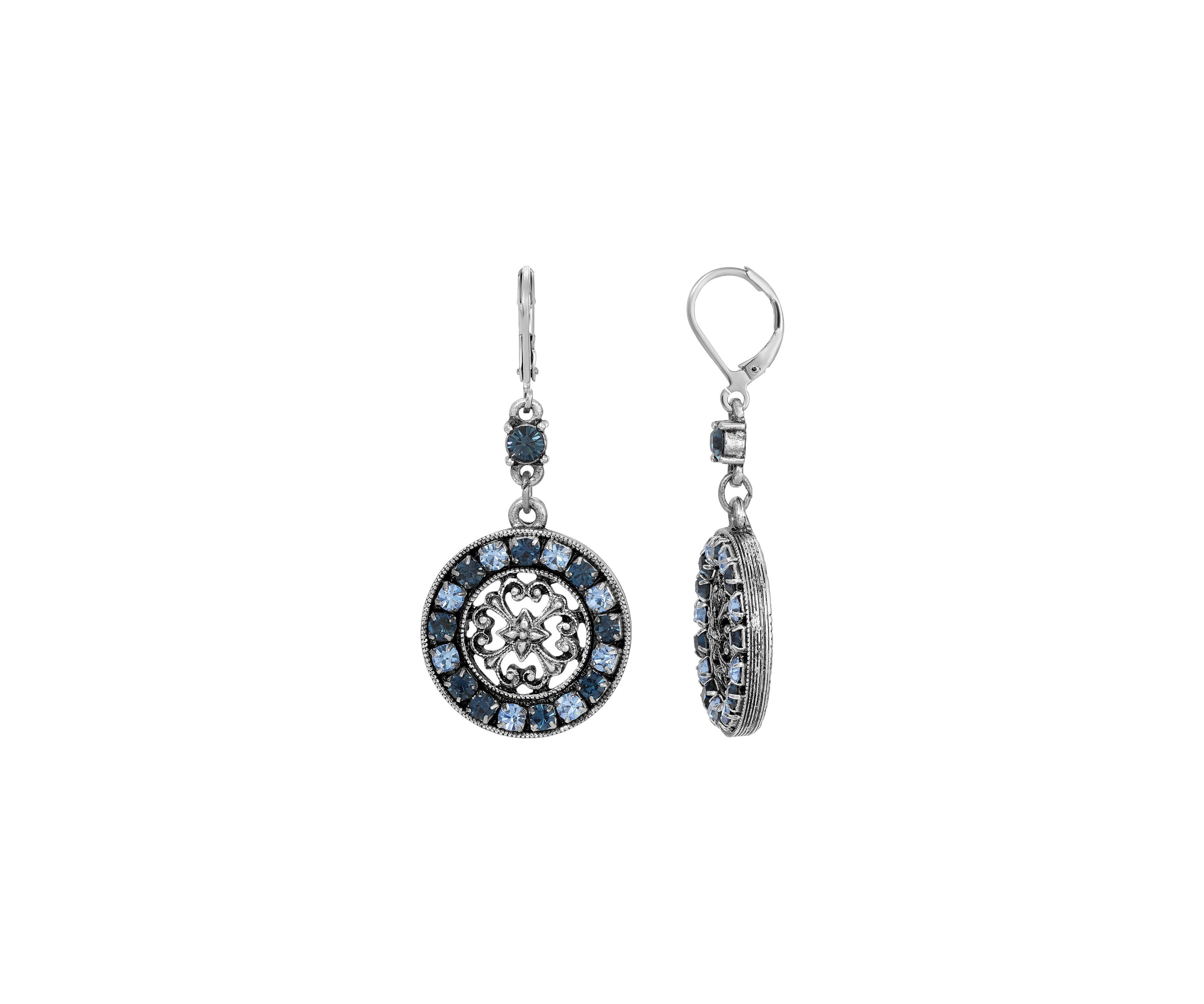 Silver-tone Round Filigree Crystal Drop Earrings