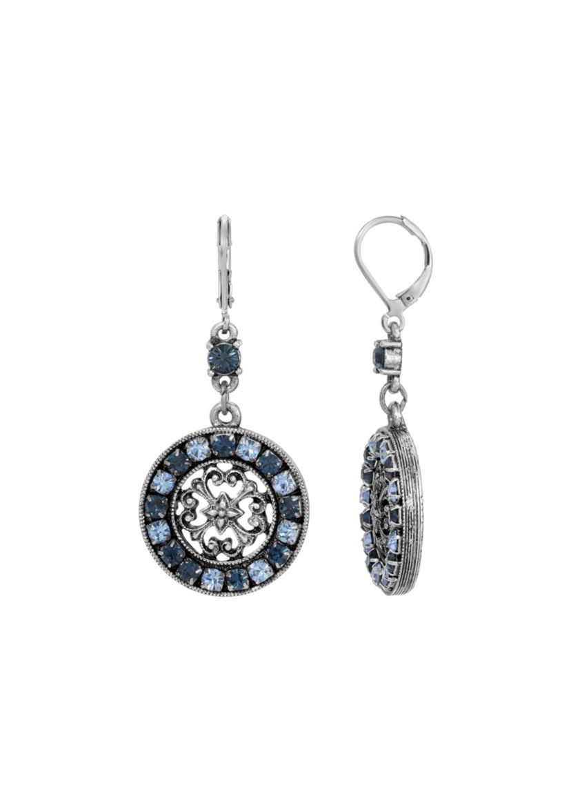 Silver-tone Round Filigree Crystal Drop Earrings