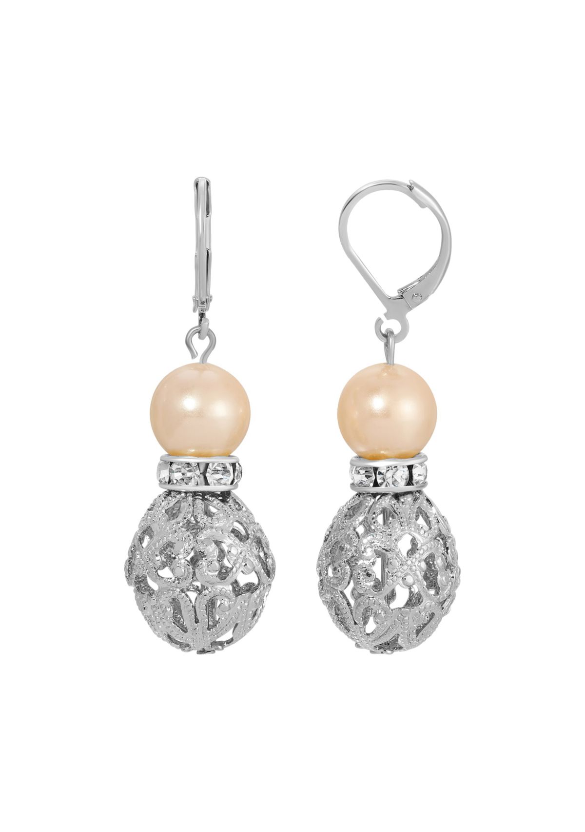 Silver-tone Faux Pearl Filigree Bead Drop Earrings