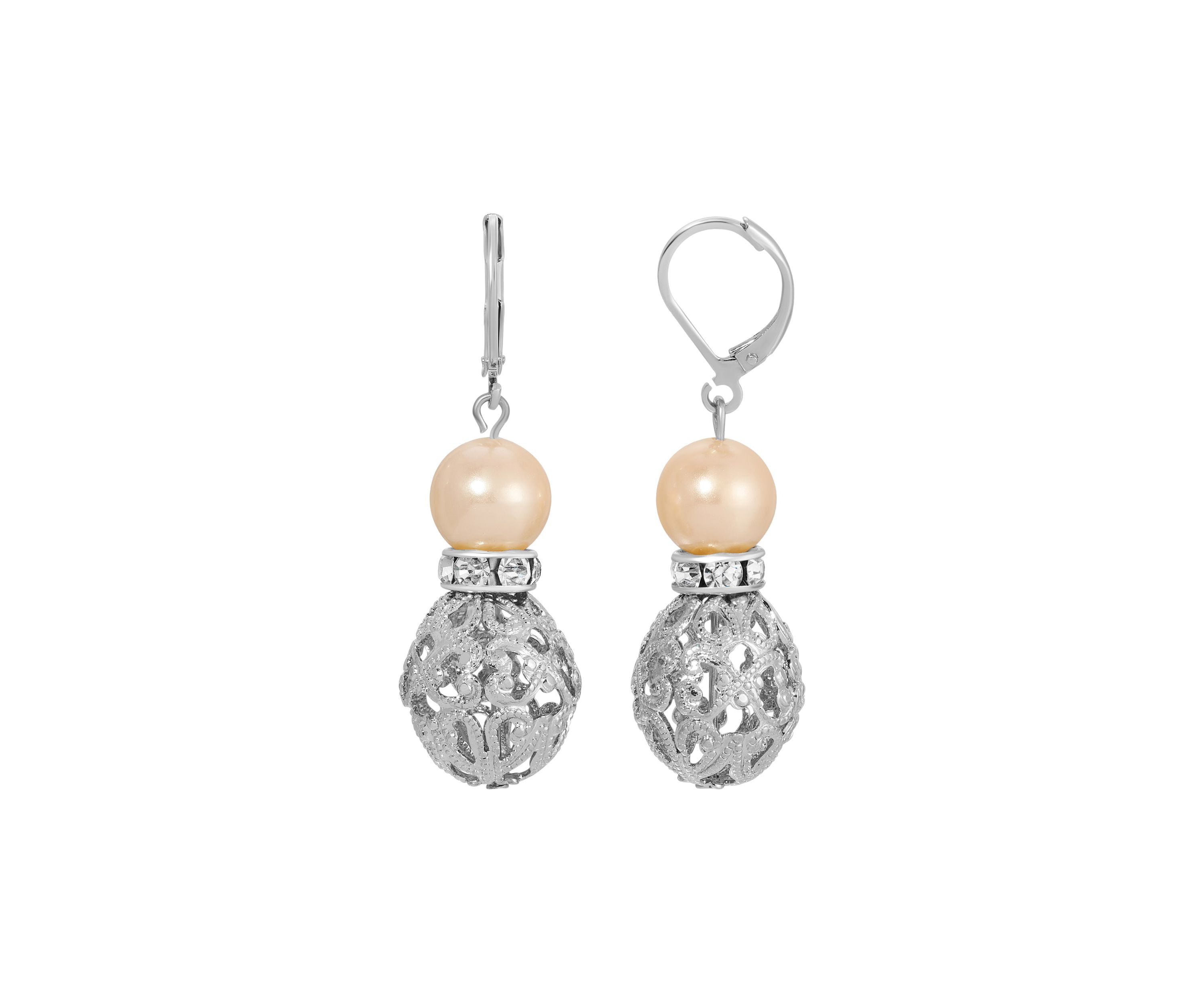 Silver-tone Faux Pearl Filigree Bead Drop Earrings