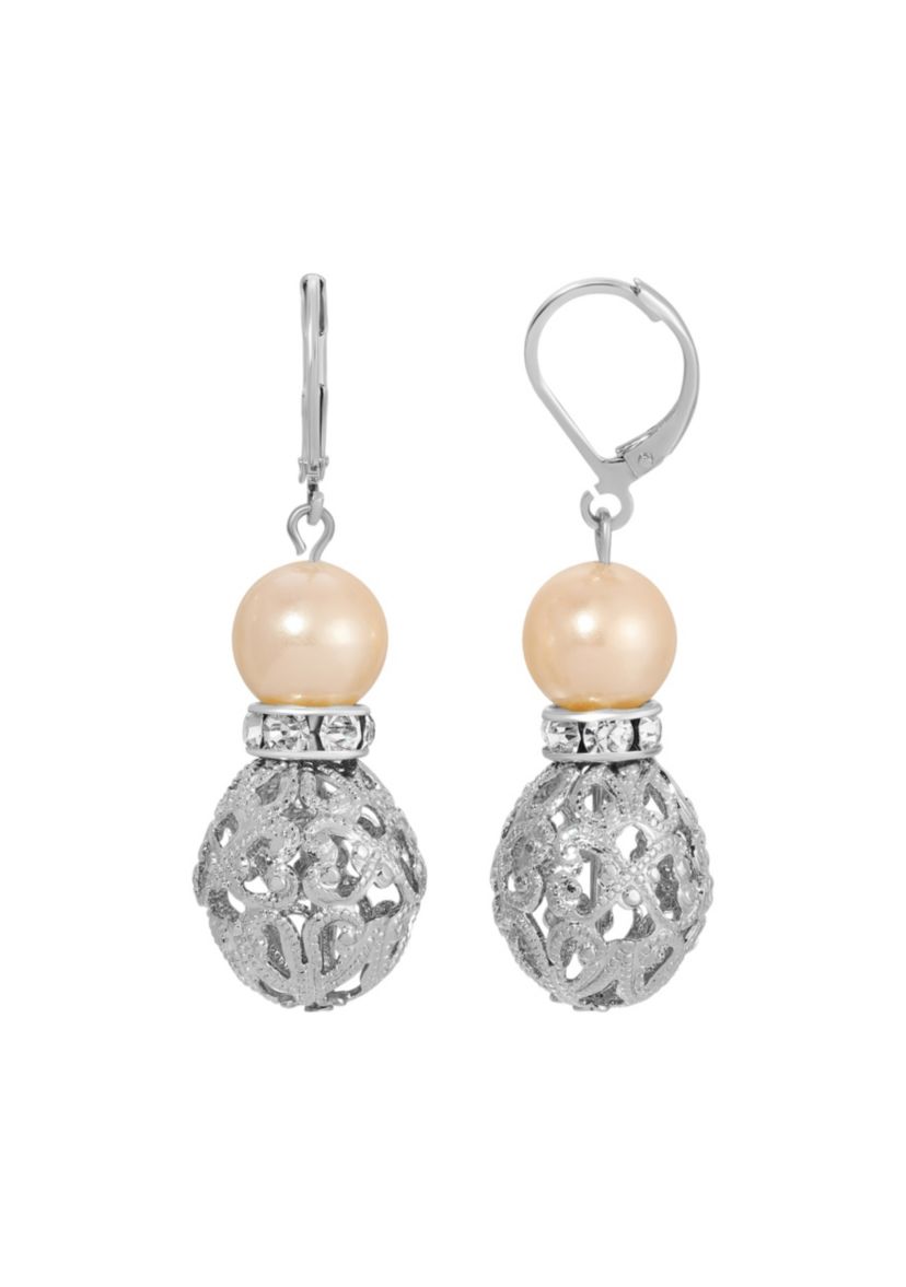 Silver-tone Faux Pearl Filigree Bead Drop Earrings