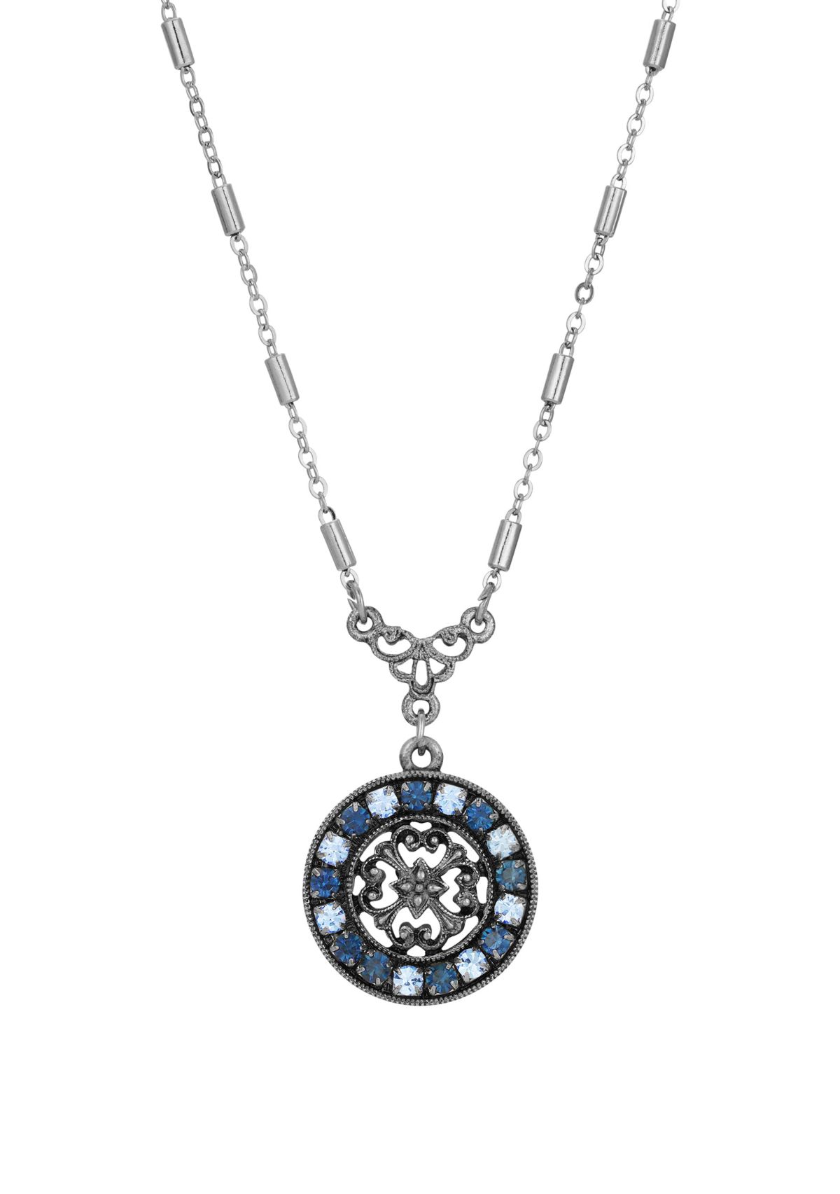 Silver-tone Round Filigree Crystal Pendant Necklace 16" adj.