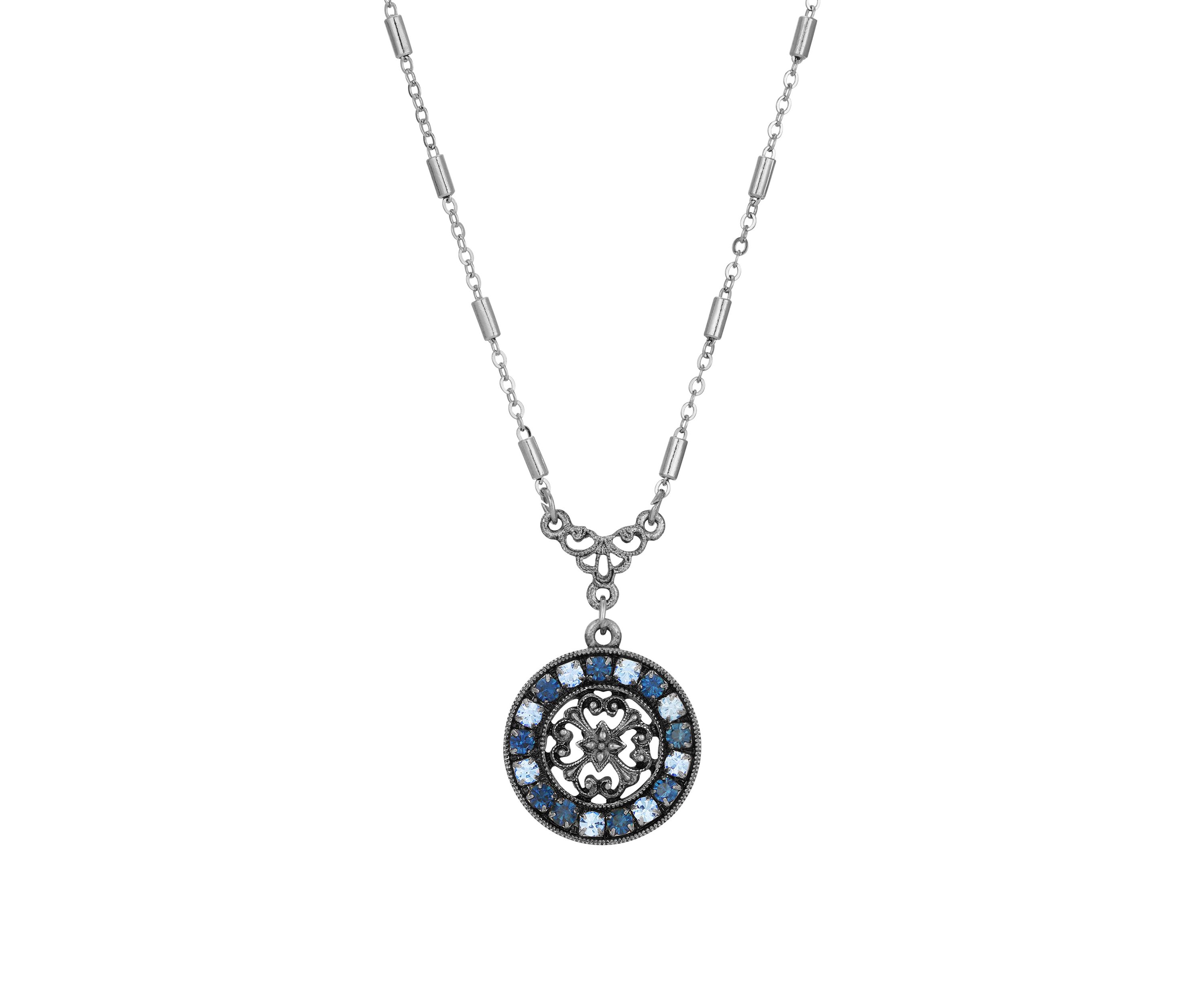 Silver-tone Round Filigree Crystal Pendant Necklace 16" adj.