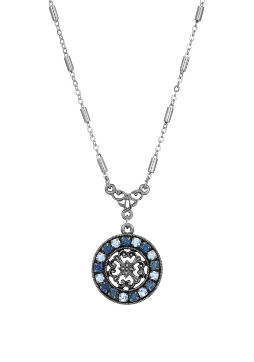 Silver-tone Round Filigree Crystal Pendant Necklace 16" adj.
