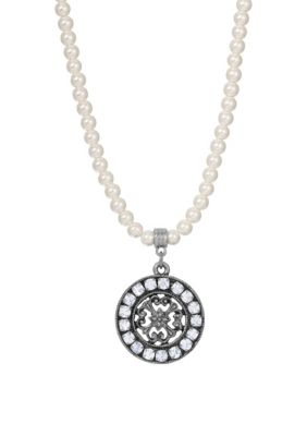1928 Jewelry Faux Pearl Round Filigree Crystal Pendant Necklace 15" adj, White, 15 in