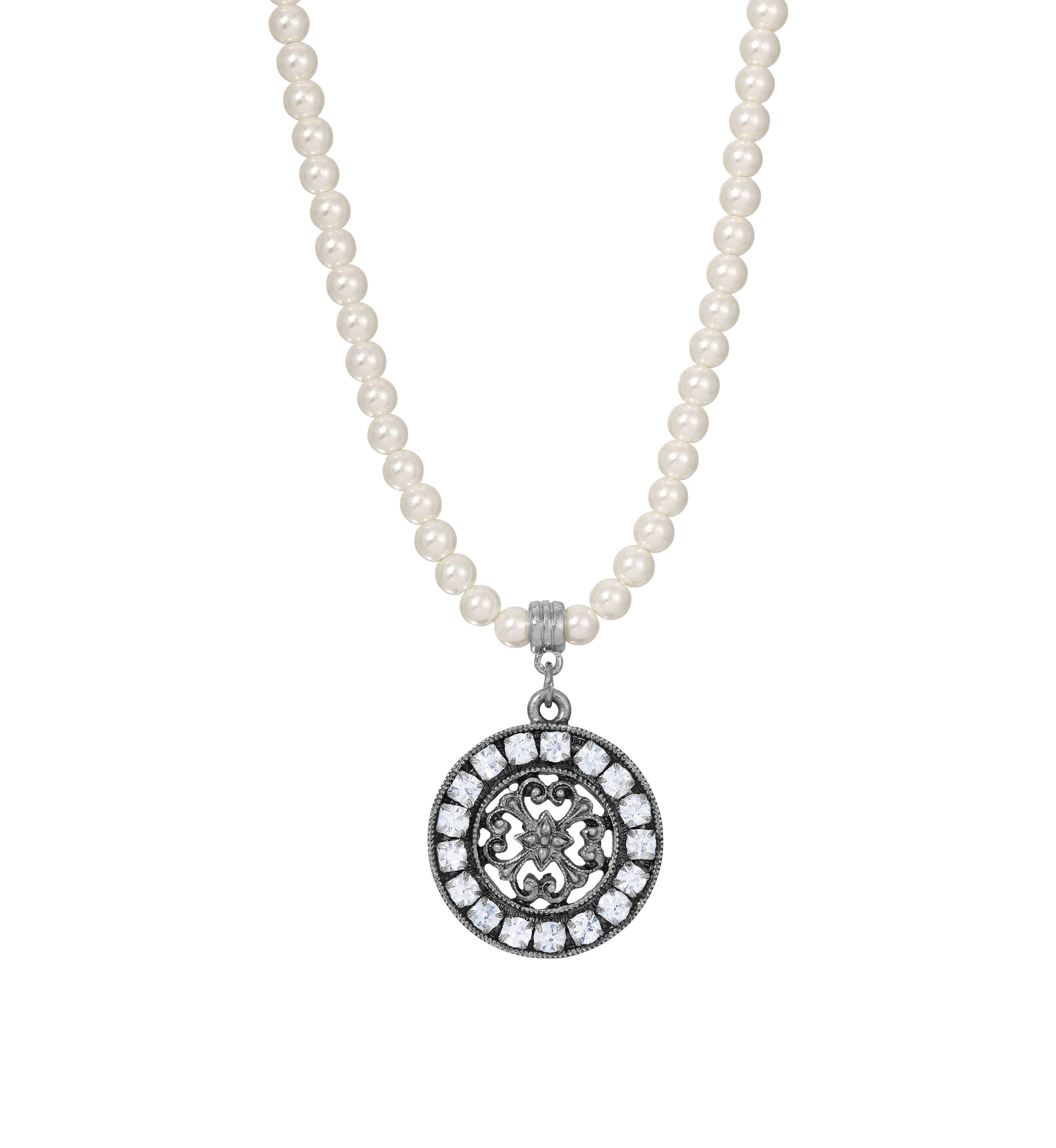 Faux Pearl Round Filigree Crystal Pendant Necklace 15" adj.