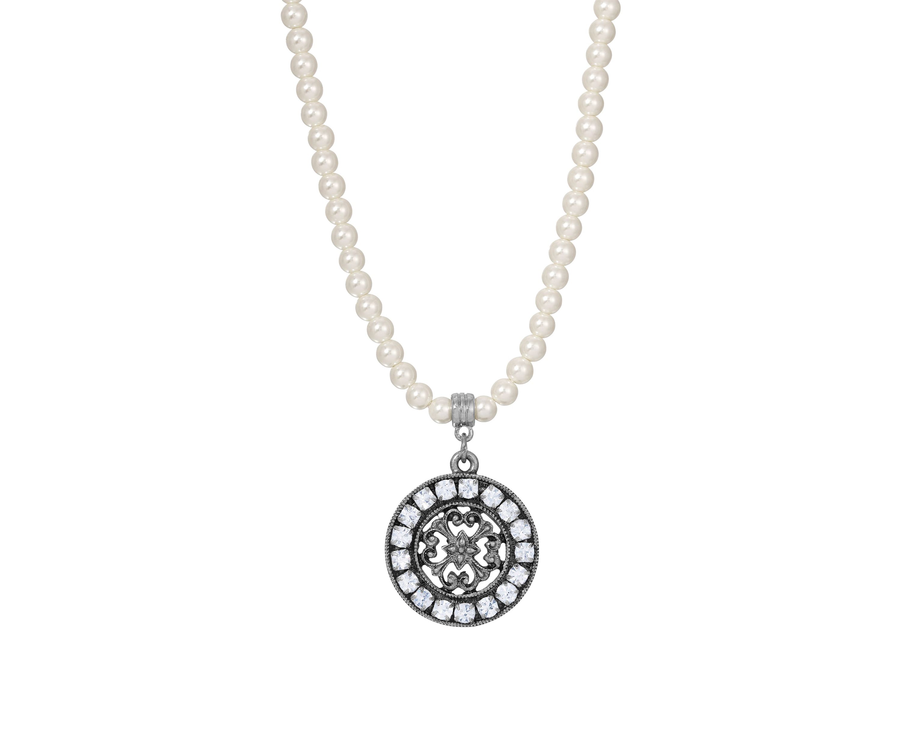 Faux Pearl Round Filigree Crystal Pendant Necklace 15" adj.