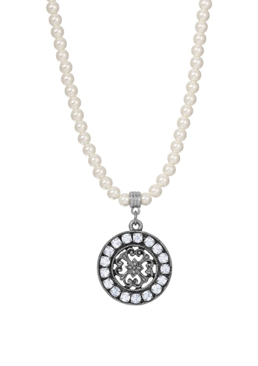 Faux Pearl Round Filigree Crystal Pendant Necklace 15" adj.