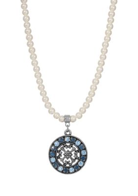 1928 Jewelry Faux Pearl Round Filigree Crystal Pendant Necklace 15" adj, Blue, 15 in