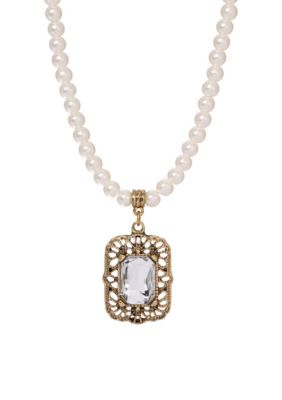 1928 Jewelry Glass Bead Crystal Pendant Necklace, White