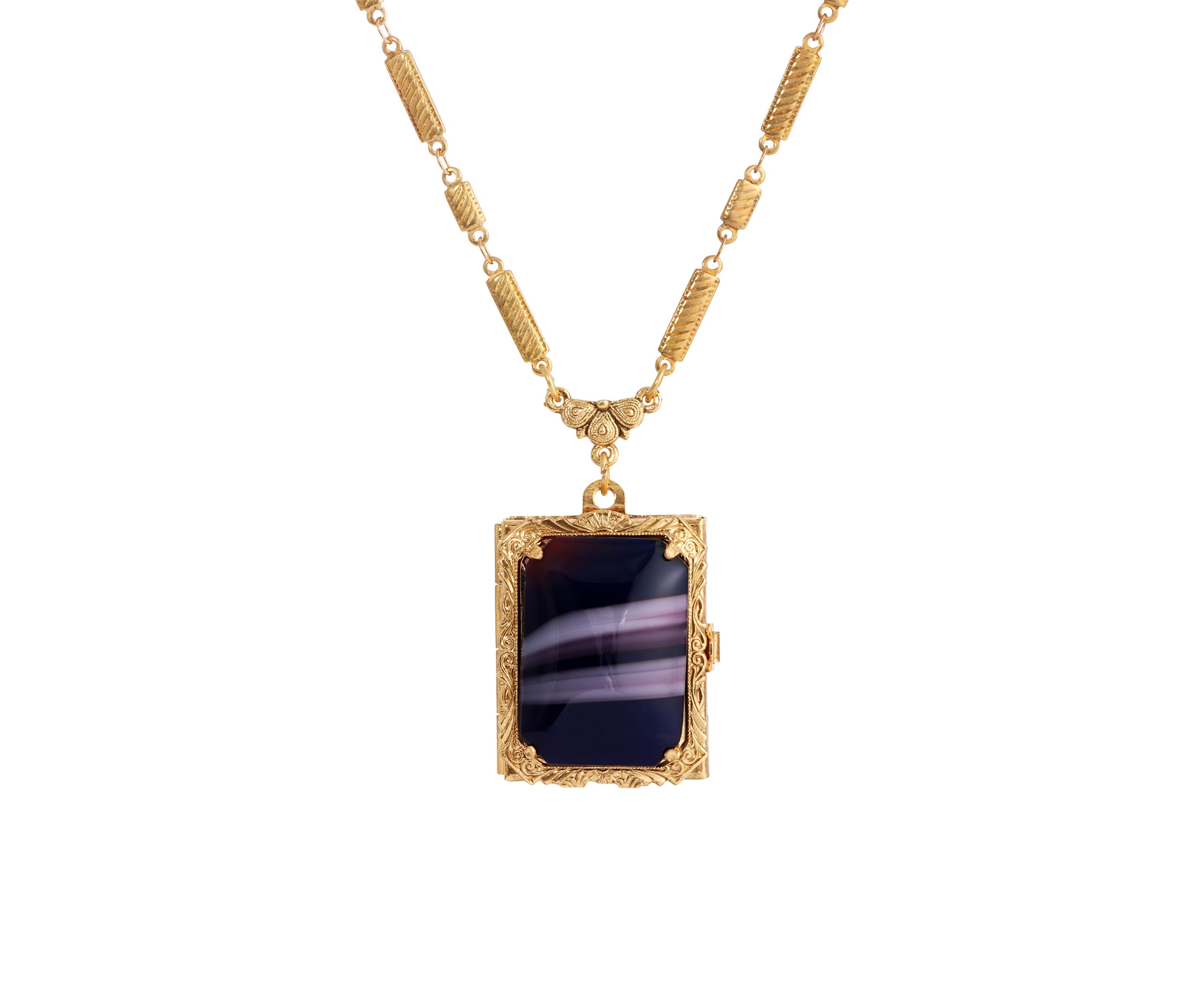 Gold Tone Color Stn Locket Necklace 28"