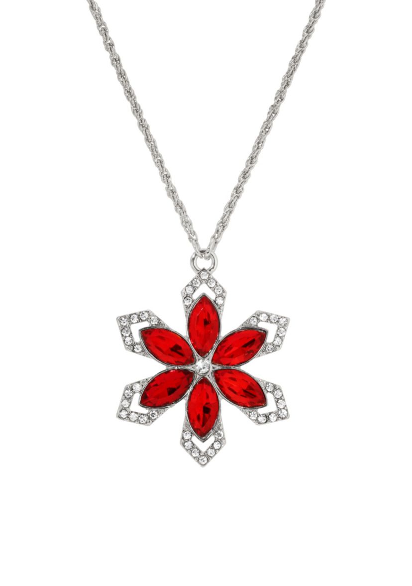 Silver Tone Red Large Flower Necklace