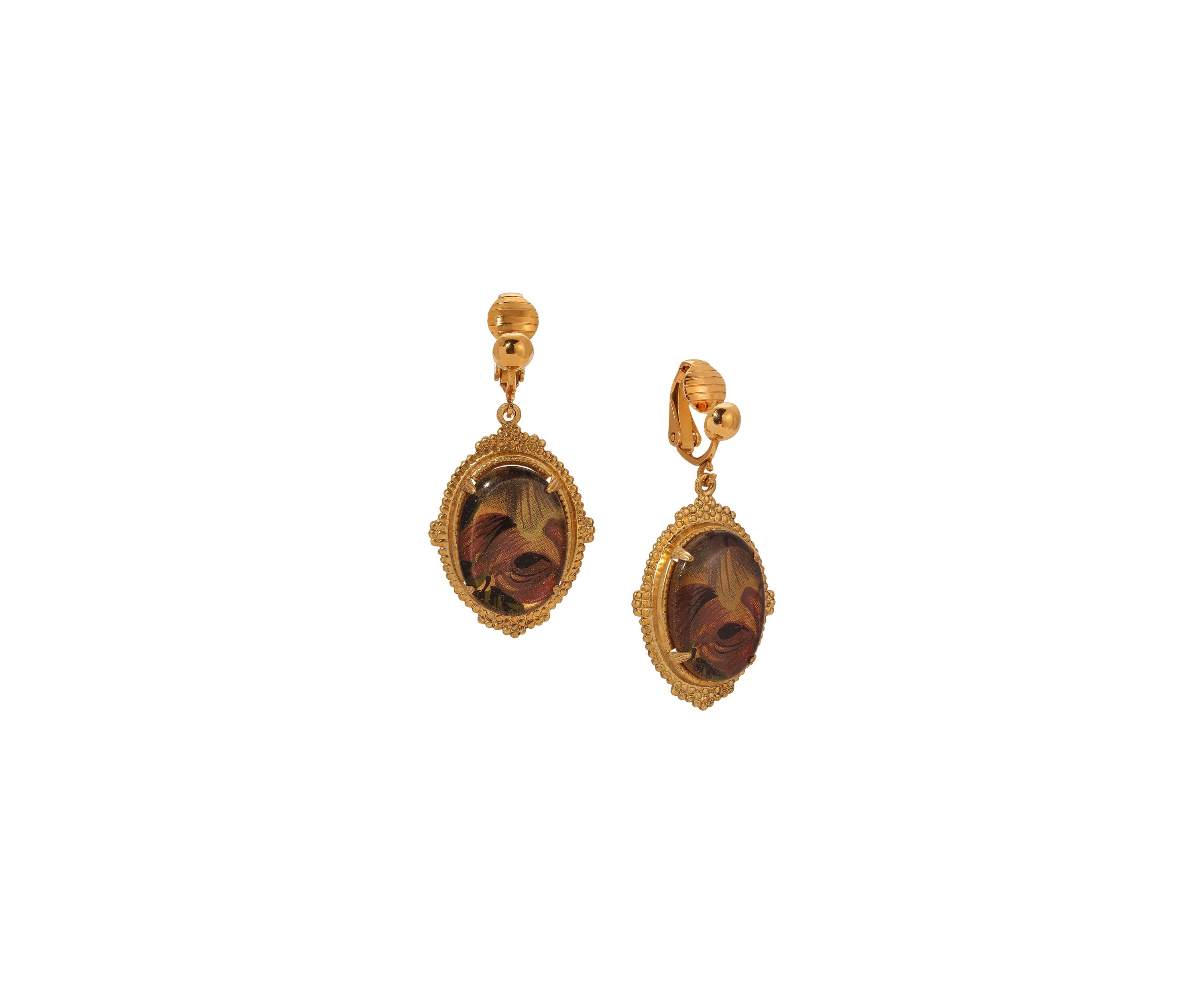 Gold-Tone Floral Oval Drop Clip Earrings