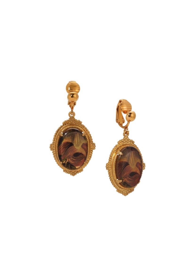 Gold-Tone Floral Oval Drop Clip Earrings