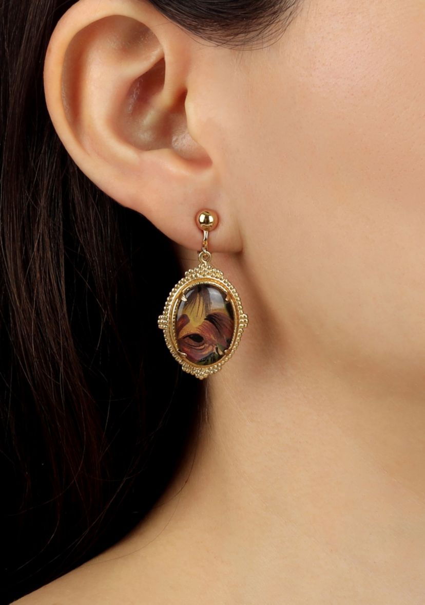 Gold-Tone Floral Oval Drop Clip Earrings