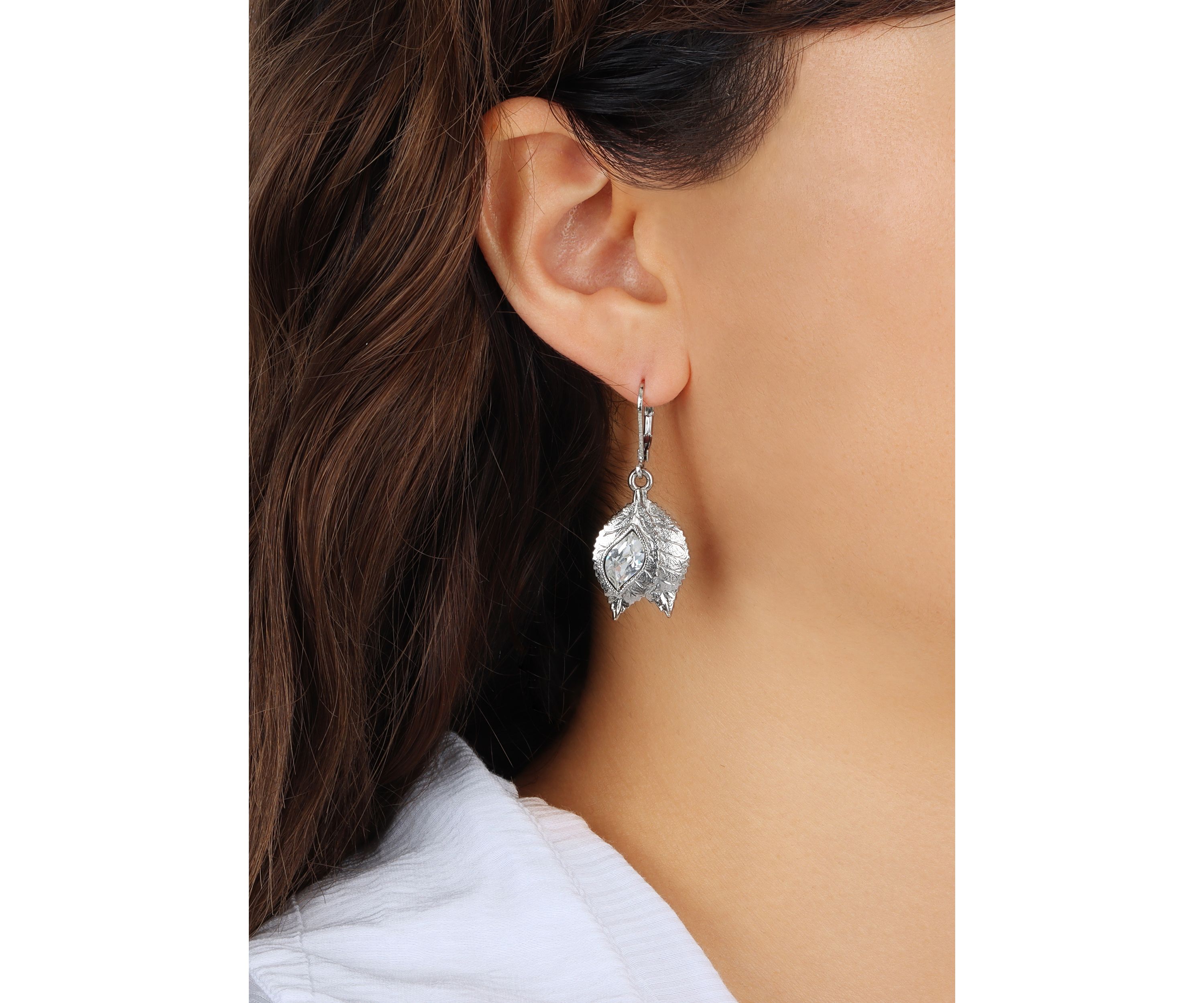 Leaf Glass Crystal Leverback Earrings