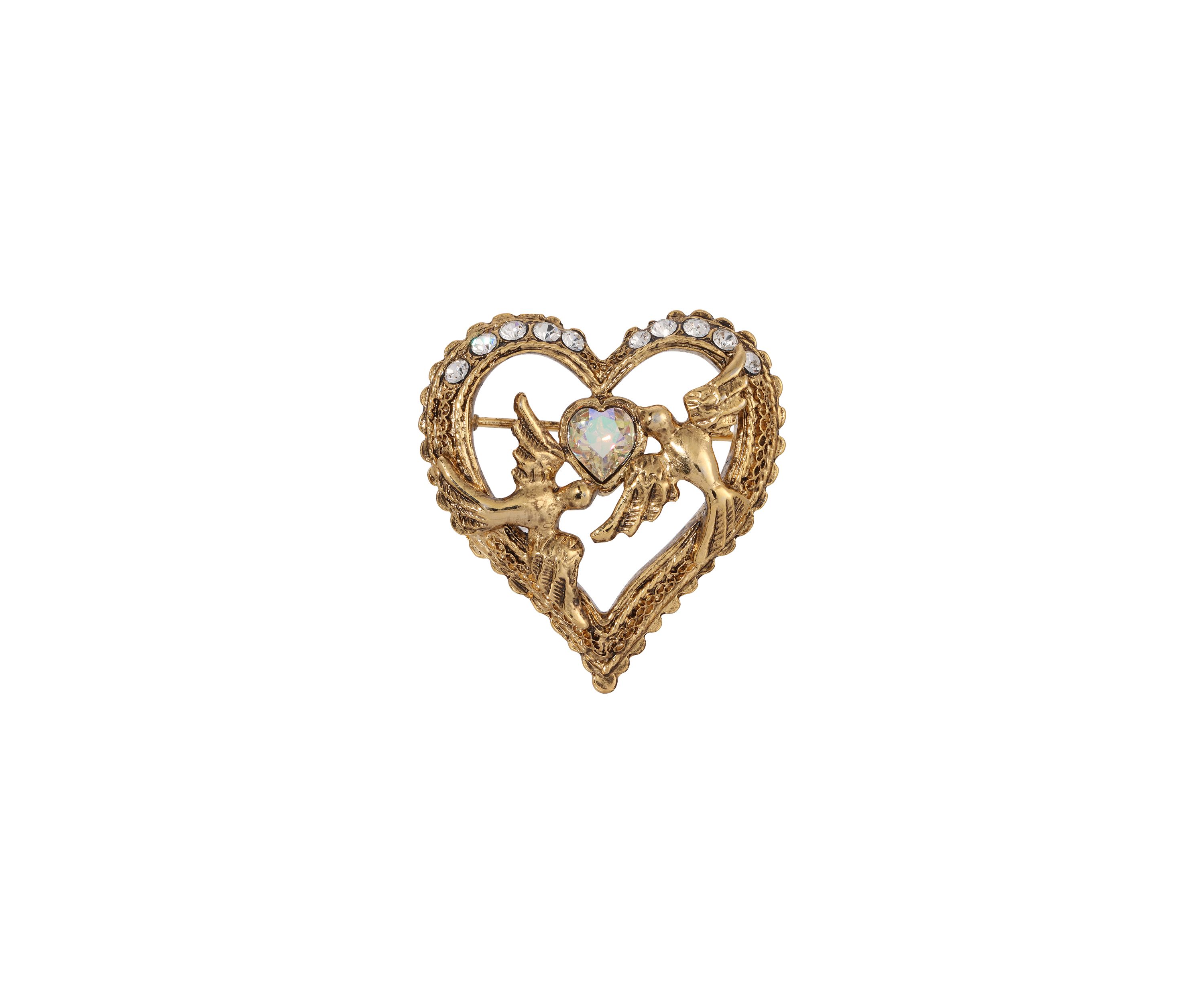 Gold Tone Crystal Heart Love Birds Pin
