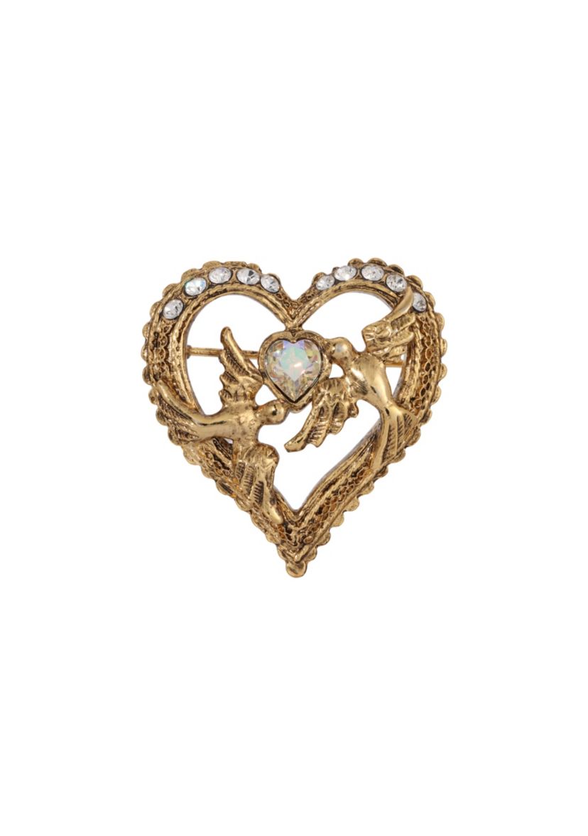 Gold Tone Crystal Heart Love Birds Pin