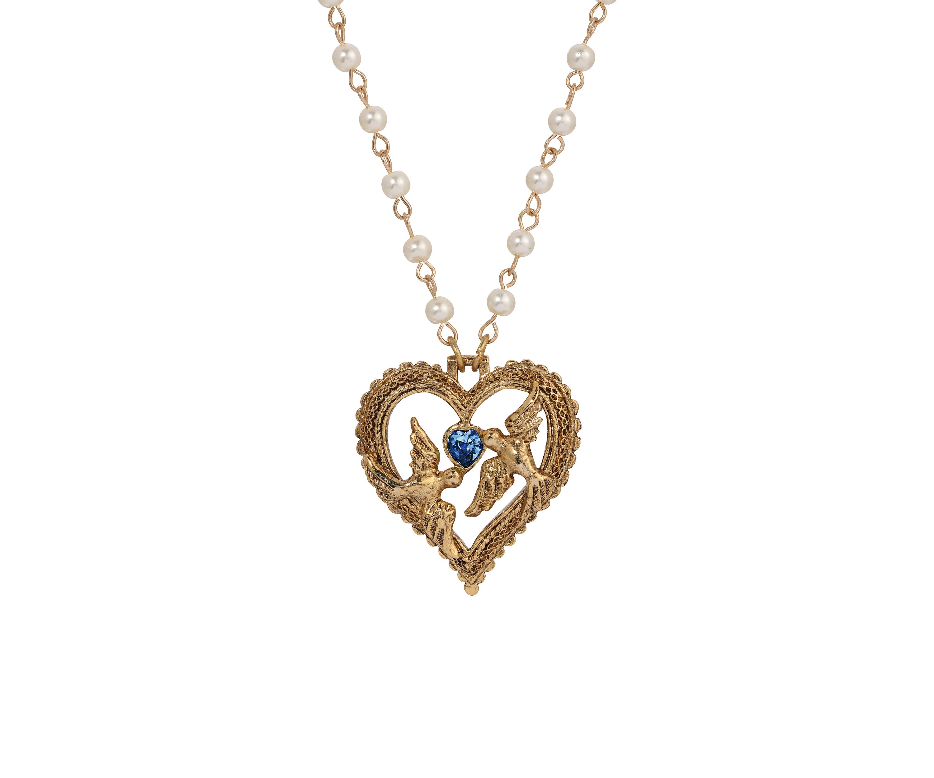 Gold Tone Heart Love Birds Necklace