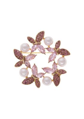 1928 Jewelry Crystal Faux Pearl Round Butterfly Pin, Pink
