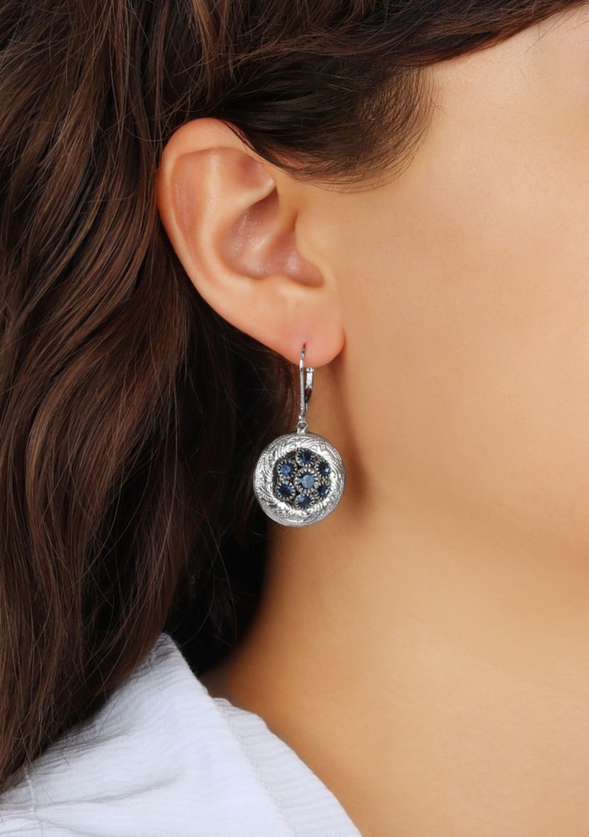 Silver Tone Round Glass Lvrbk Earrings