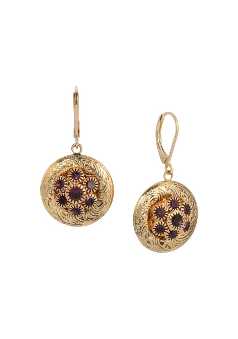 Gold Tone Round Glass Lvrbk Earrings