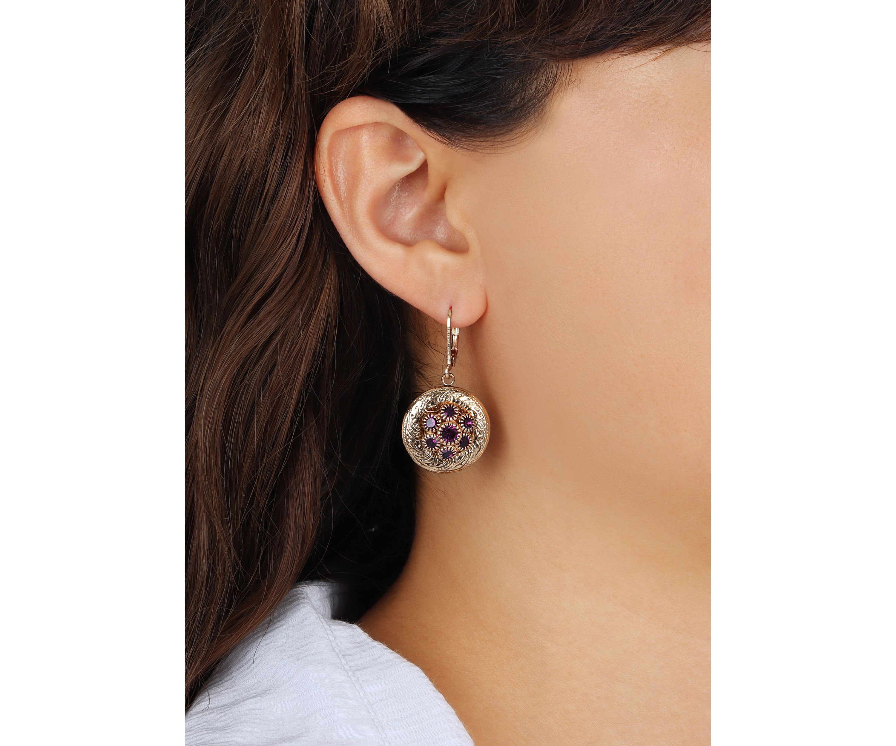 Gold Tone Round Glass Lvrbk Earrings
