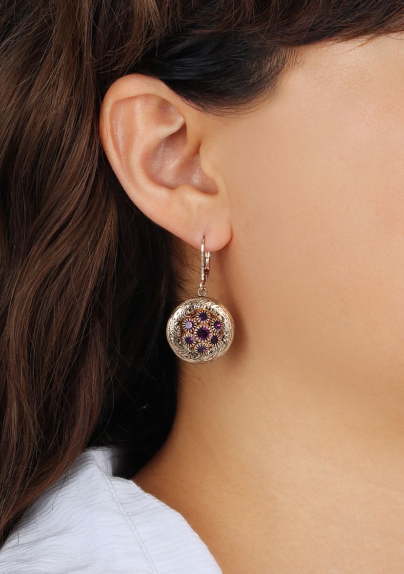 Gold Tone Round Glass Lvrbk Earrings