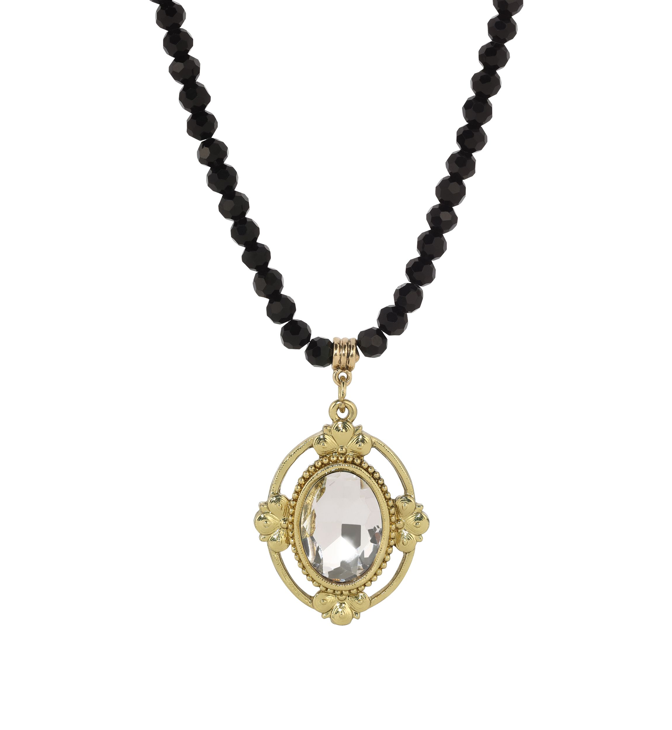 Black Beaded Crystal Oval Necklace