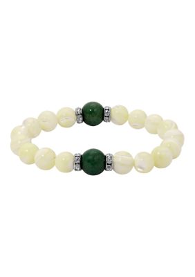 1928 Jewelry Silver Tone Mother of Pearl & Color Bead Stretch Bracelet, Green