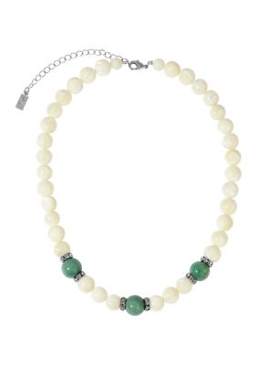 1928 Jewelry Silver Tone Mother of Pearl & Color Bead Necklace 16" Adj, Green, 16 in