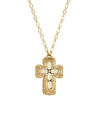 Symbols of Faith 14K Gold Dipped Moonstone Cross Locket Necklace 32", White, 32 in