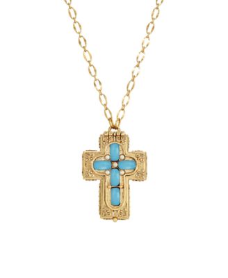 Symbols of Faith 14K Gold Dipped Moonstone Cross Locket Necklace 32"
