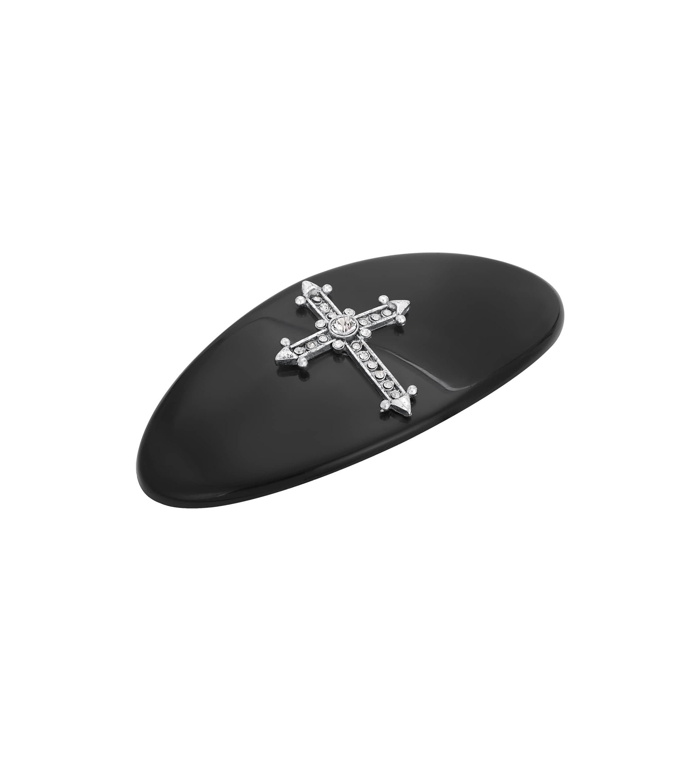 Large Oval Jet Black with Crystal Cross Hair Barette