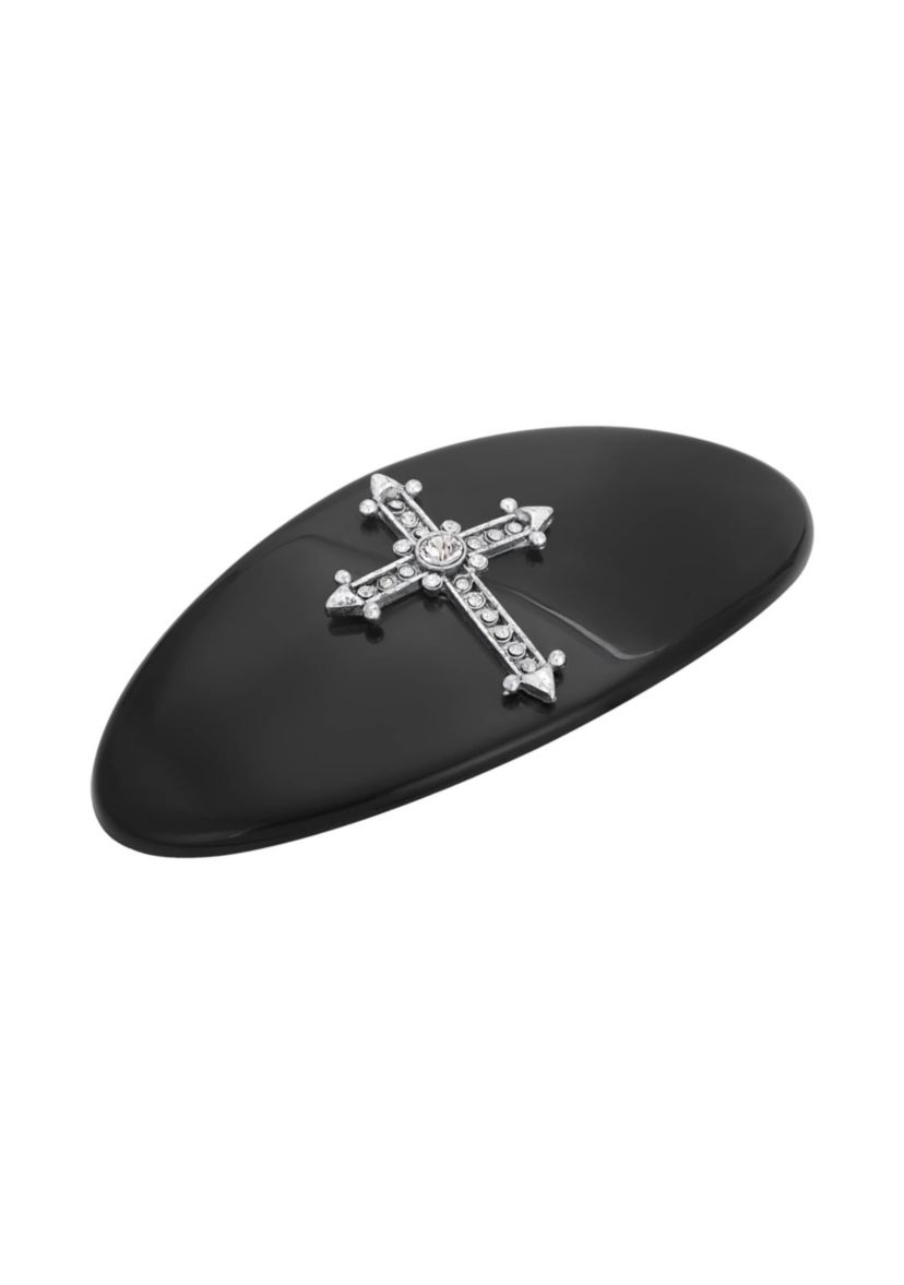 Large Oval Jet Black with Crystal Cross Hair Barette