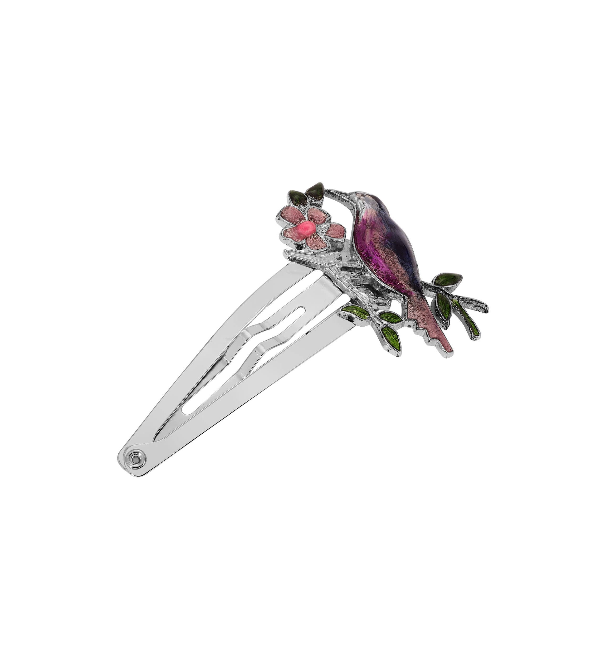 Silver Tone Blue & Pink Bird Snap Clip