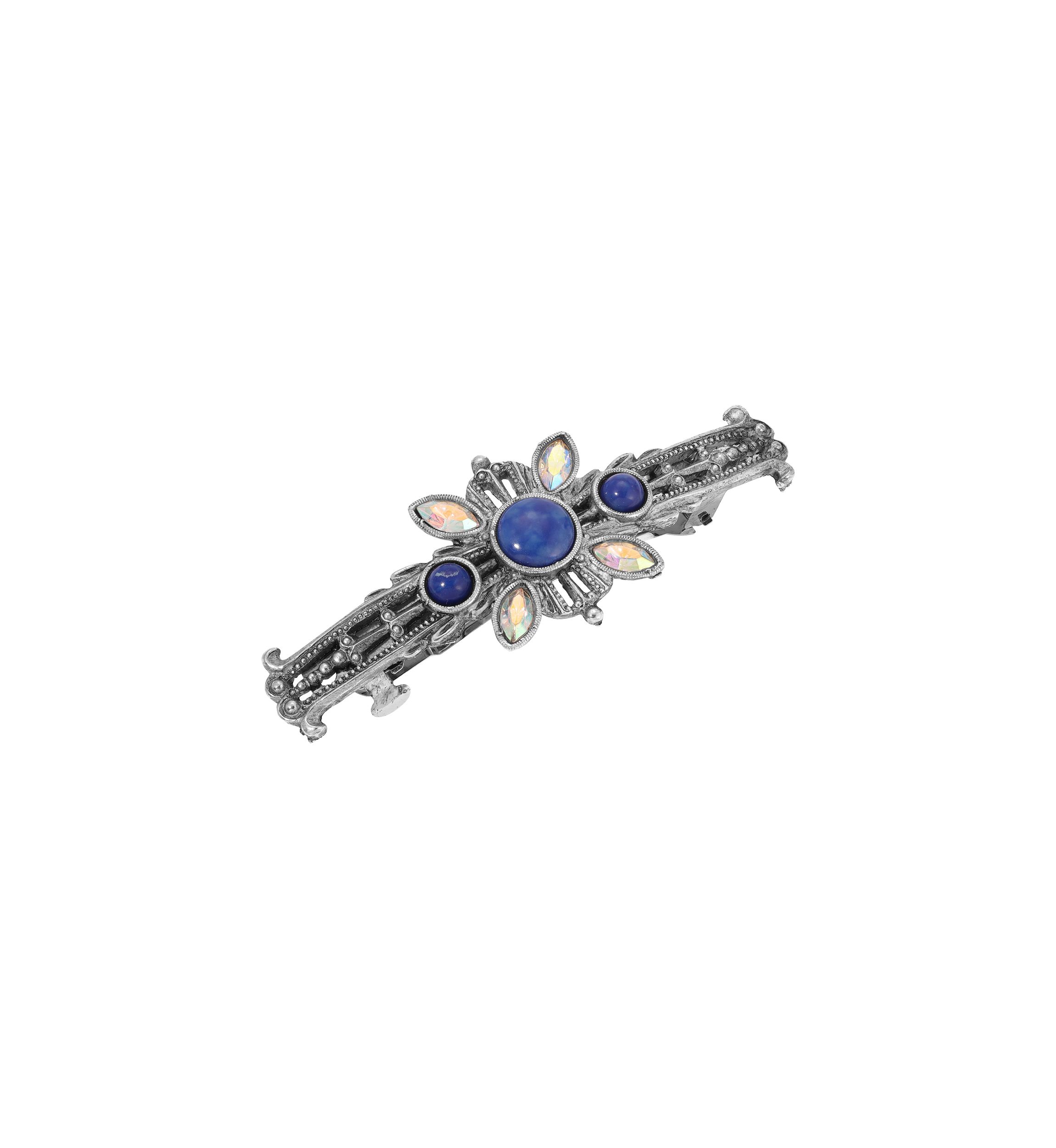 Silver Tone Blue Stone Hair Barrette